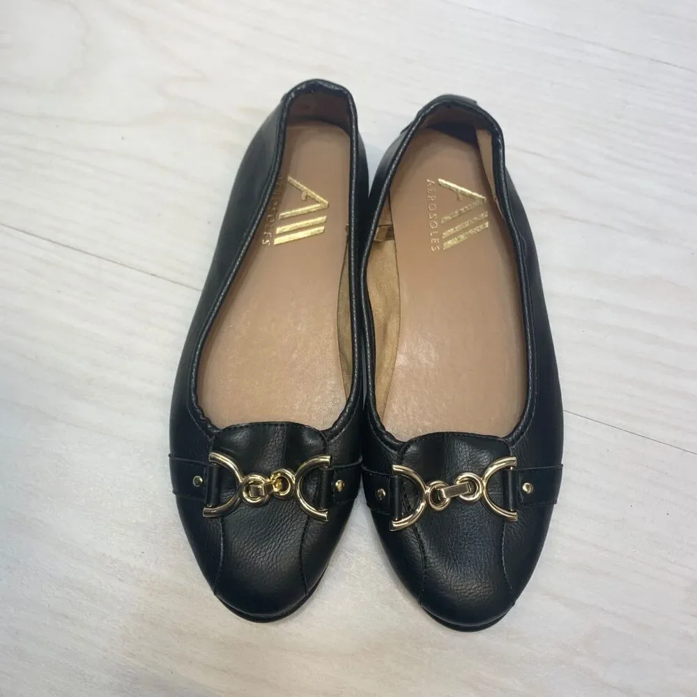 Womens Size 7.5 Aerosoles Big Bet Ballet Flats Black Gold Horsebit Slip On Shoes